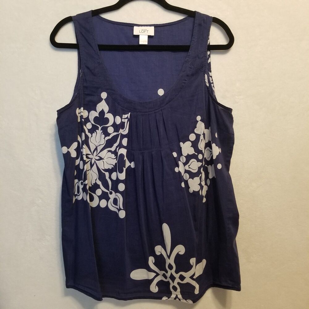 LOFT L Top Cotton Silk Mandala Print Pleated Lightweight Boho Beach Resort